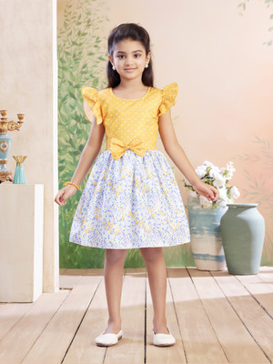 Yk Indi Girls Midi/Knee Length Casual Dress(White, Yellow, Sleeveless)