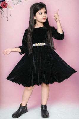 KHUKU FASHION Girls Midi/Knee Length Party Dress(Black, 3/4 Sleeve)