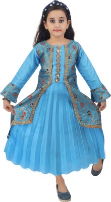 Mahanidhi Creations Girls Calf Length Festive/Wedding Dress(Blue, Full Sleeve)