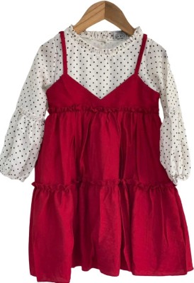 Mamaya kids fashion Indi Girls Midi/Knee Length Casual Dress(Red, 3/4 Sleeve)