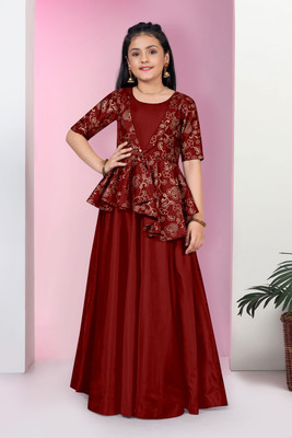 Sangria Girls Maxi/Full Length Festive/Wedding Dress(Maroon, Half Sleeve)