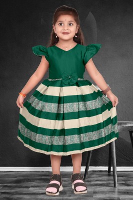 OM Fashion Girls Below Knee Casual Dress(Green, Short Sleeve)