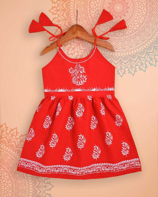 ABIS DRESSES Girls Midi/Knee Length Casual Dress(Red, Sleeveless)