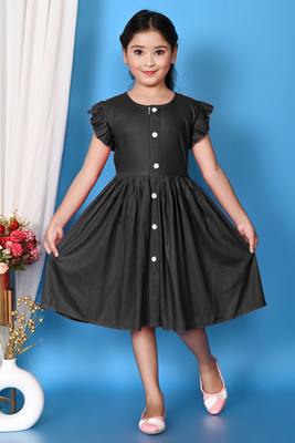 MSCOLLECTON Indi Girls Midi/Knee Length Casual Dress(Black, Short Sleeve)