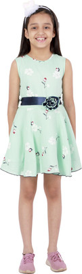 Kids Cave Indi Girls Above Knee Casual Dress(Green, Sleeveless)