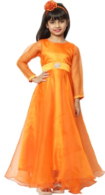 Shahina Fashion Girls Maxi/Full Length Festive/Wedding Dress(Orange, Full Sleeve)