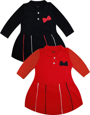 SHOPOLINE Indi Baby Girls Midi/Knee Length Casual Dress(Black, Full Sleeve)