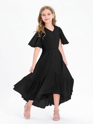 Alvastra Girls Calf Length Party Dress(Black, Half Sleeve)