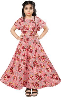 HouseOfCommon Girls Maxi/Full Length Casual Dress(Pink, Short Sleeve)