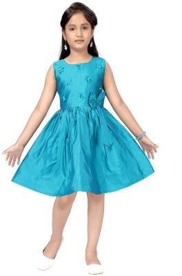 MUHURATAM Indi Girls Below Knee Party Dress(Blue, Sleeveless)