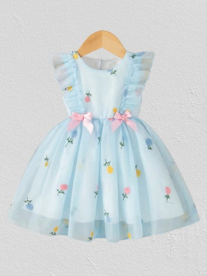 VARDA CREATION Baby Girls Midi/Knee Length Festive/Wedding Dress(Light Blue, Sleeveless)