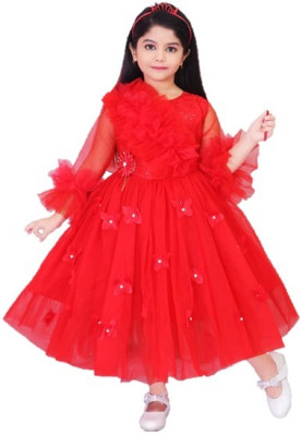 aruna creation Girls Midi/Knee Length Party Dress(Red, 3/4 Sleeve)