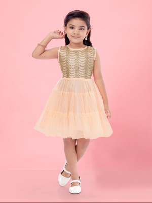 Aarika Indi Girls Midi/Knee Length Party Dress(Orange, Sleeveless)