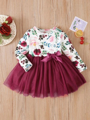 HouseOfCommon Indi Baby Girls Midi/Knee Length Party Dress(Maroon, Full Sleeve)