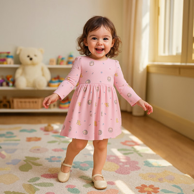 MINI KLUB Indi Baby Girls Midi/Knee Length Casual Dress(Pink, White, Full Sleeve)