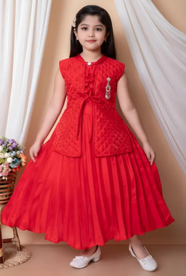 SM NOOR DRESSES Indi Girls Calf Length Casual Dress(Red, Sleeveless)