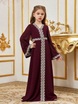 Charvi Indi Girls Maxi/Full Length Party Dress(Maroon, Full Sleeve)