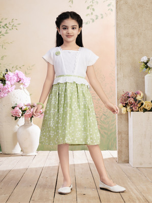 HERE&NOW Indi Girls Midi/Knee Length Party Dress(Light Green, White, Cap Sleeve)