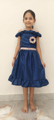 Brahmin creation Indi Girls Below Knee Party Dress(Blue, Sleeveless)