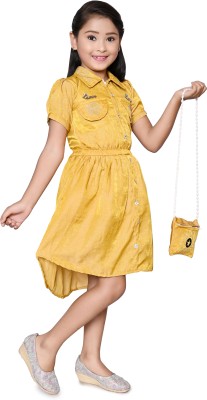 SNTRENDZ Girls Midi/Knee Length Casual Dress(Yellow, Short Sleeve)