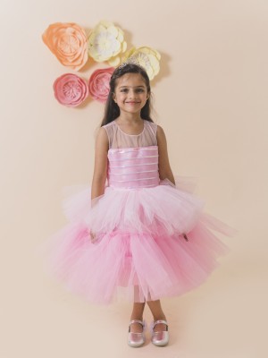 Pspeaches Indi Girls Midi/Knee Length Party Dress(Pink, Sleeveless)