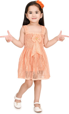 SAK CREATION Girls Midi/Knee Length Festive/Wedding Dress(Orange, Sleeveless)