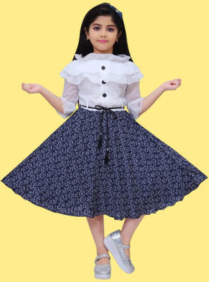 HouseOfCommon Girls Below Knee Casual Dress(Blue, White, 3/4 Sleeve)