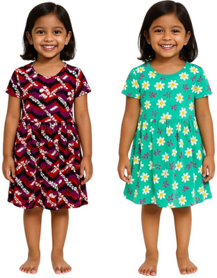 Veecap Girls Midi/Knee Length Casual Dress(Maroon, Green, Short Sleeve)