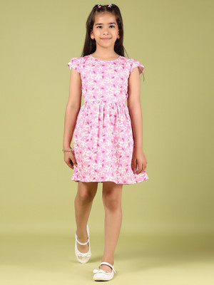 V-MART Girls Above Knee Casual Dress(Pink, Cap Sleeve)