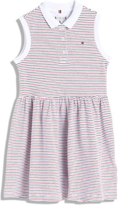 TOMMY HILFIGER Indi Girls Midi/Knee Length Casual Dress(White, Sleeveless)