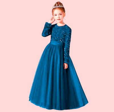 VAANI ENTERPRISE Girls Maxi/Full Length Festive/Wedding Dress(Blue, Full Sleeve)