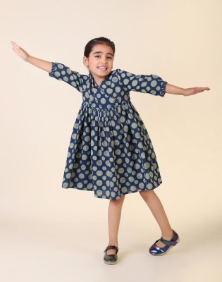 Fabindia Girls Midi/Knee Length Casual Dress(Blue, 3/4 Sleeve)