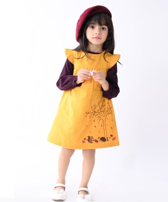 BEEBAY Indi Girls Midi/Knee Length Casual Dress(Yellow, Cap Sleeve)