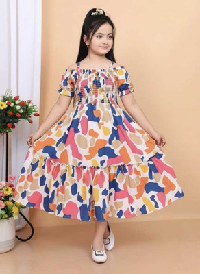 SRA FASHION Indi Girls Calf Length Party Dress(Multicolor, Short Sleeve)