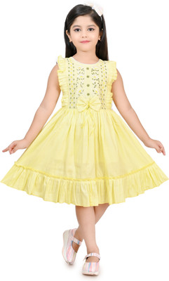 HMS COLLECTION Girls Midi/Knee Length Party Dress(Yellow, Sleeveless)
