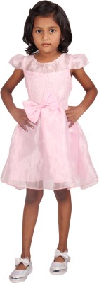 minor muffets Girls Midi/Knee Length Casual Dress(Pink, Short Sleeve)