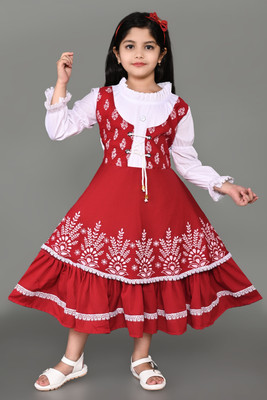 NiceNisaFashion Girls Below Knee Festive/Wedding Dress(Red, Full Sleeve)