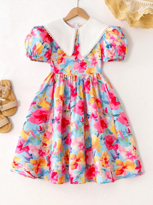 TIOR Indi Girls Midi/Knee Length Casual Dress(Multicolor, Half Sleeve)