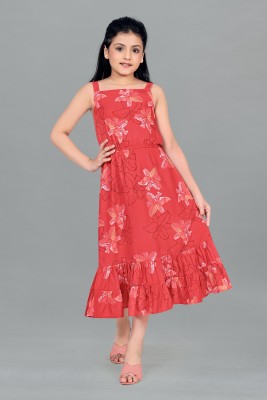 Mirrow Trade Girls Calf Length Casual Dress(Red, Sleeveless)