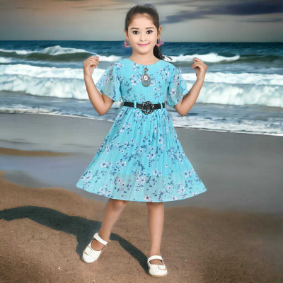 Chandrika Indi Girls Midi/Knee Length Casual Dress(Blue, Half Sleeve)