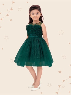 Kidotsav Girls Midi/Knee Length Party Dress(Green, Sleeveless)