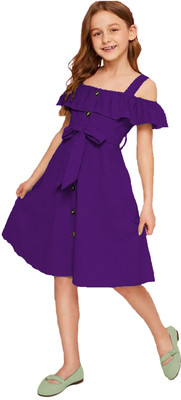 BHOOLKU Girls Midi/Knee Length Casual Dress(Purple, Sleeveless)