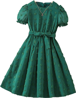 PATALAM Girls Midi/Knee Length Party Dress(Green, Short Sleeve)