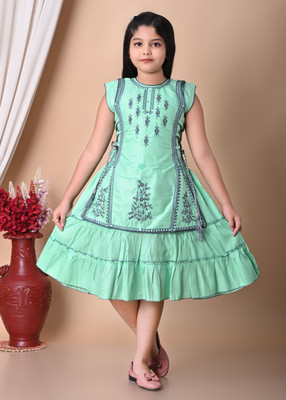 afrin fashion Indi Girls Below Knee Festive/Wedding Dress(Light Green, Sleeveless)