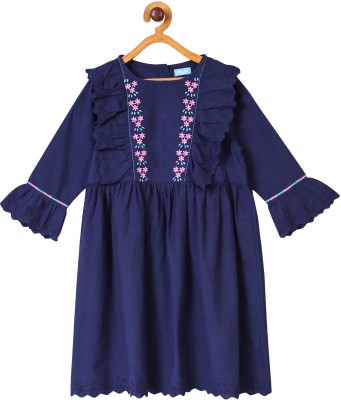 Miyo Indi Girls Midi/Knee Length Casual Dress(Blue, 3/4 Sleeve)