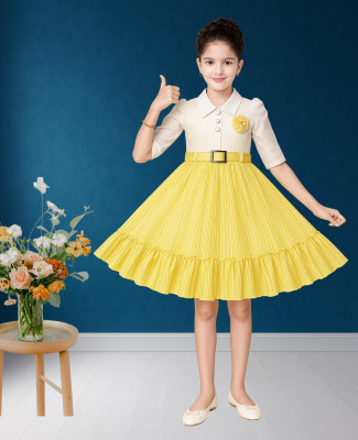 Huma Collections Indi Girls Below Knee Festive/Wedding Dress(Yellow, White, Half Sleeve)