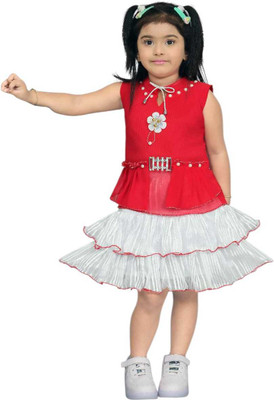 BRDRESS Girls Midi/Knee Length Casual Dress(Orange, Sleeveless)