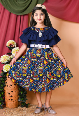 ANEHADRESSES Indi Girls Midi/Knee Length Party Dress(Blue, Short Sleeve)