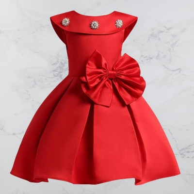 KITTOO Girls Midi/Knee Length Party Dress(Red, Sleeveless)