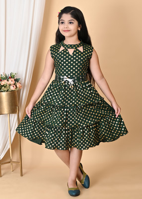 TIKTOK FASHION Girls Midi/Knee Length Festive/Wedding Dress(Green, Sleeveless)